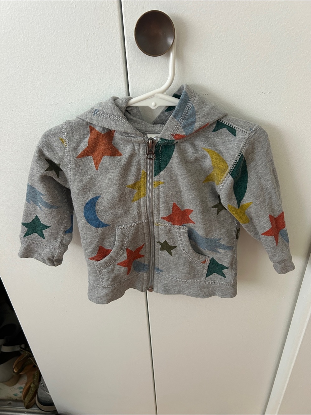 Hanna Anderson Gray Hooded Kids Zip Sweatshirt with Multi-Color Stars and Moons